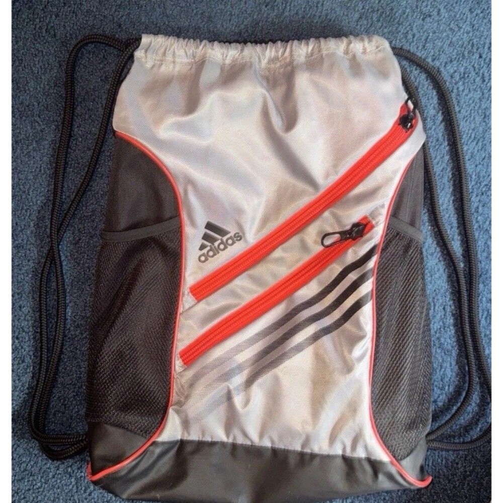 Adidas 3 Drawstring Backpack Cinch Sack Black Gray Red Pockets Padded Back 16x12